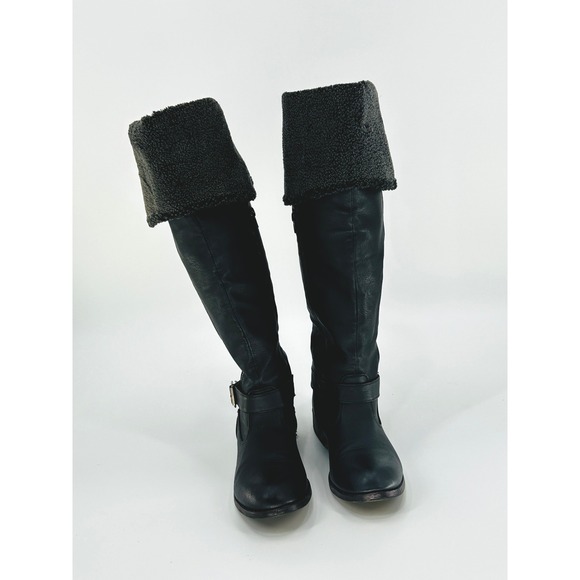 Women's Black Knee-High Winter Boots Shearling Cuff Flat Moto Utility Size 9 - Picture 9 of 11